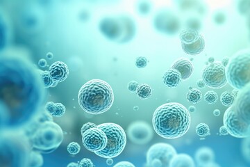 Microscopic view of cells or microorganisms floating in aqua blue liquid. Scientific concept of biology, medicine, or microbiology. 3D rendering with copy space.