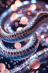 Fototapeta premium Swirling metallic tubes intertwine with glowing bubbles in a dreamlike digital rendering