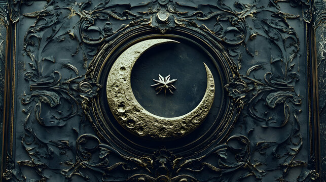 Metallic ornamental frame surrounding lunar symbolism