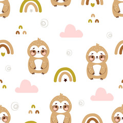 Seamless pattern with cute sloth and rainbow on white background. For wallpaper, wrapping paper, nursery, fabric, etc. Vector illustration
