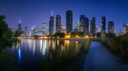 Naklejka premium Metropolitan skyline panorama with nocturnal illumination patterns