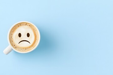 Bittersweet Caf Moment   Frowning Smiley Face Swirled Into Frothy Coffee Mug on Tranquil Blue Tabletop