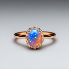 Dreamy opal ring,  yellow gold band with a fiery Kalimaya opal centerpiece and diamond accents