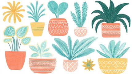 Colorful potted plants illustration, home decor