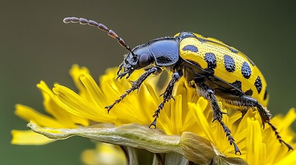 Spotted beetle climbing dandelion stem, soft morning light, bright yellow and black tones, and playful cheerful mood, side angle shot.