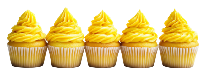 Five yellow frosted cupcakes in a row on transparent background. Dessert and sweets concept
