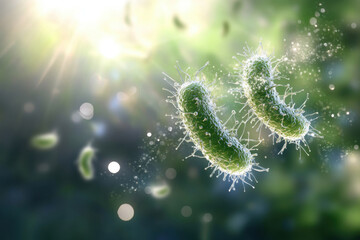 Microscopic view of bacteria floating in air with sunlight