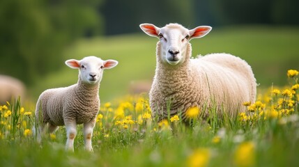 Obraz premium Sheep in flower grass field in Spring.