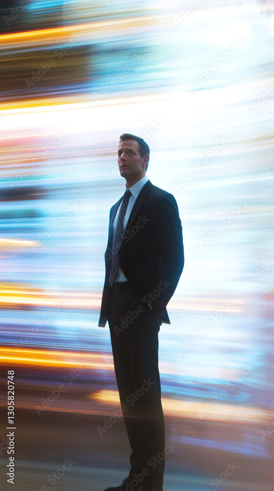 Poster Businessman standing with hands in pockets with an abstract light trails background representing speed and technology