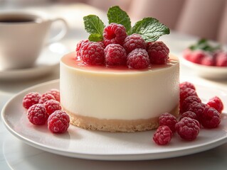 Delicious raspberry cheesecake topped with fresh berries served in a cozy cafe setting