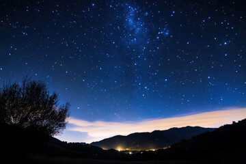 Naklejka premium Milky way shining over mountains and trees at twilight