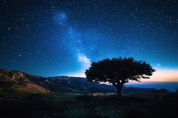Fototapeta premium Lonely tree admiring milky way galaxy in starry night sky