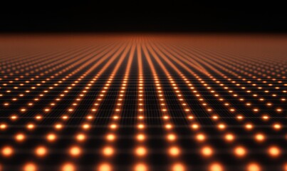 Fototapeta premium Orange grid of lights receding into dark horizon, ideal for tech backgrounds