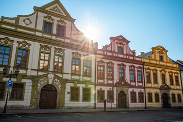 Obraz premium Hradec Kralove, Czech republic - February 20, 2025. Historic picturesque buildings in Soukenicka and Karla Tomana streets