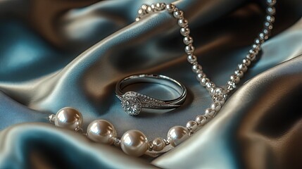 Diamond Ring And Pearl Necklace On Silk