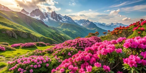 Caucasus Rhododendron Bloom: May Mountain Flowers, Vibrant Pink Rhododendron Bush, Springtime Caucasus Landscape Photography