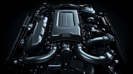 Fototapeta premium Monochrome car engine banner on dark background, high detail stock photo in hyper-realistic