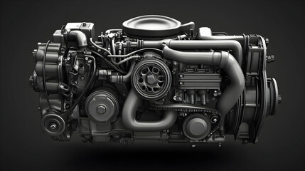 Monochrome car engine banner on dark background, high detail stock photo in hyper-realistic
