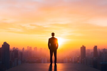 Fototapeta premium Lone business professional against modern city skyline at dramatic sunrise