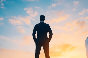 Silhouetted Businessman Facing Towering Skyscraper at Sunset