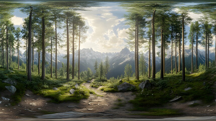 Mountainous forest landscape in 360-degree spherical panorama, natural terrain HDRI map for VR content