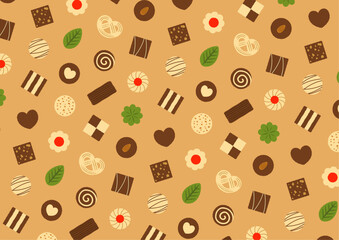 ハートやリフーなどのクッキーのパターンのイラスト_茶色
