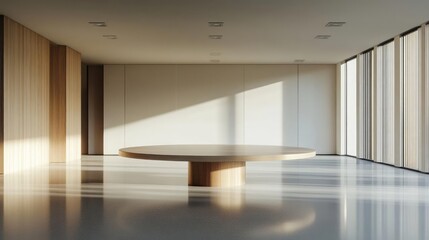 Expansive Modern Conference Room with a Grand Round Table Set for a HighLevel Seminar in a Spacious Minimalist Corporate Hall
