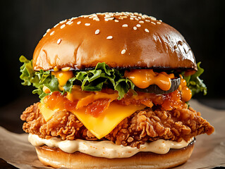 Close-up shot of a delicious fried chicken burger held in hand with crispy chicken fillets, melted cheddar cheese, fresh lettuce, and creamy mayonnaise in a soft sesame seed bun. Appetizing and savory