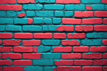 Fototapeta premium Minimalist Neon Red Aqua Brick Wall Texture Vintage Pattern with Bold Edgy Background
