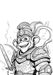 Smiling Monkey King Warrior – Black & White Fantasy Illustration