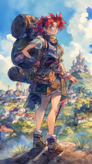 ファンタジー世界の冒険者、水彩画タッチで描かれた旅の装備を持つ勇敢な少女。スマートフォン9:16のアスペクト比