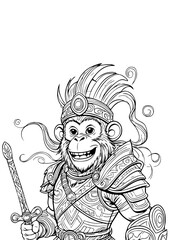 Smiling Monkey Warrior in Ornate Battle Armor – Black and White Ink Illustration