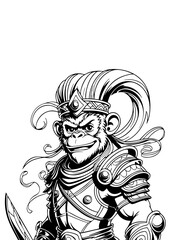 Fierce Monkey Warrior in Battle Armor – Black and White Digital Illustration