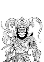 Majestic Monkey Warrior in Ornate Armor – Black and White Fantasy Illustration