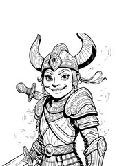 Confident Young Warrior with Horned Helmet – Fantasy Line Art