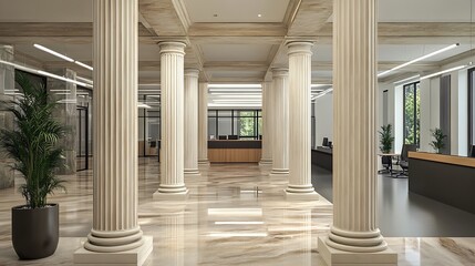 Fototapeta premium Neoclassical office lobby with elegant marble floors and grand columns For Modern classic design blend seamlessly concept.