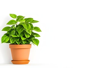 Thriving Houseplant in Terracotta Pot Cascading over Minimalist White Backdrop