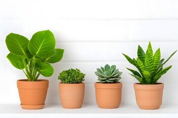 Fototapeta premium Assortment of Lush Green Houseplants in Clay Pots on White Background