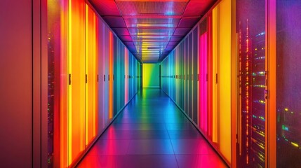 Futuristic Data Center Corridor Featuring High-Tech Rack Servers and Supercomputers with Immersive Internet Visualization Projections and Dynamic Lighting