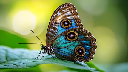 Naklejka premium Vibrant Blue Morpho Butterfly on Lush Green Leaf