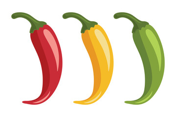 Chili Peppers Vector Set, Isolated. Red, Yellow, Green Hot Peppers, Spicy Food Ingredients, Mexican Cuisine, Fresh Organic Vegetables. Vector Illustration for Food Design