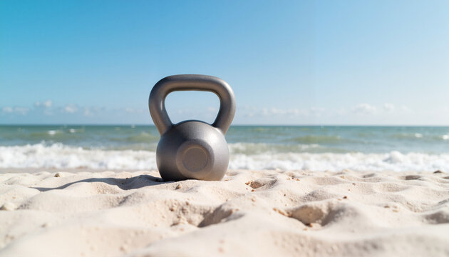 Kettlebell on sandy beach with ocean background