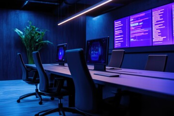 Metaverse coworking space with floating holographic screens, futuristic smart office 