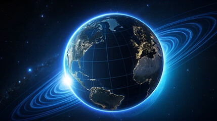 space, earth, planet, blue, black, connection, digital, illustration, globe, universe, fantasy, world, technology, galaxy, backdrop, color, sun, concept, futuristic, stars, design, glow, motion, fract