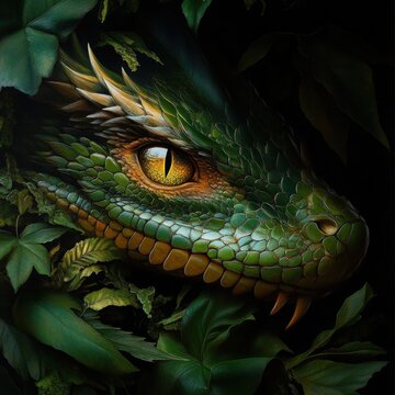 A green dragon with yellow eyes is shown in a forest setting