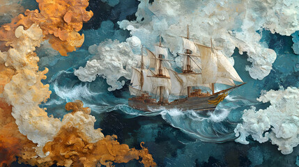 Obscured landmass visualization with maritime history motifs in aqueous pigment