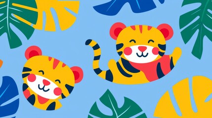 Fototapeta premium Adorable Tiger Pattern with Tropical Leaves