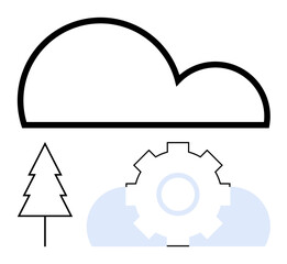Abstract cloud above gear with tree symbolizing innovation, eco-friendliness, and sustainable technology. Ideal for environment, technology, teamwork, efficiency, development, processes flat simple