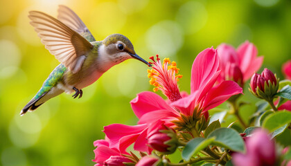 Fototapeta premium Hummingbird hovering over bright pink flower