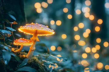 Magical forest scene with glowing mushrooms and soft lighting